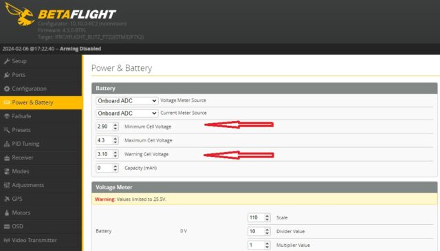 BetaFlight Li-ION settings
